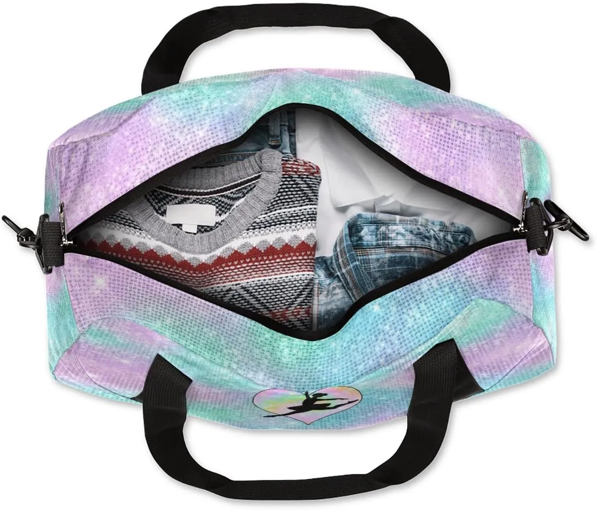 Personalized Dance Gym Bag for Girl, Custom Sport Weekender Travel Duffel Bag - Watercolor Glitter Heart Ballet
