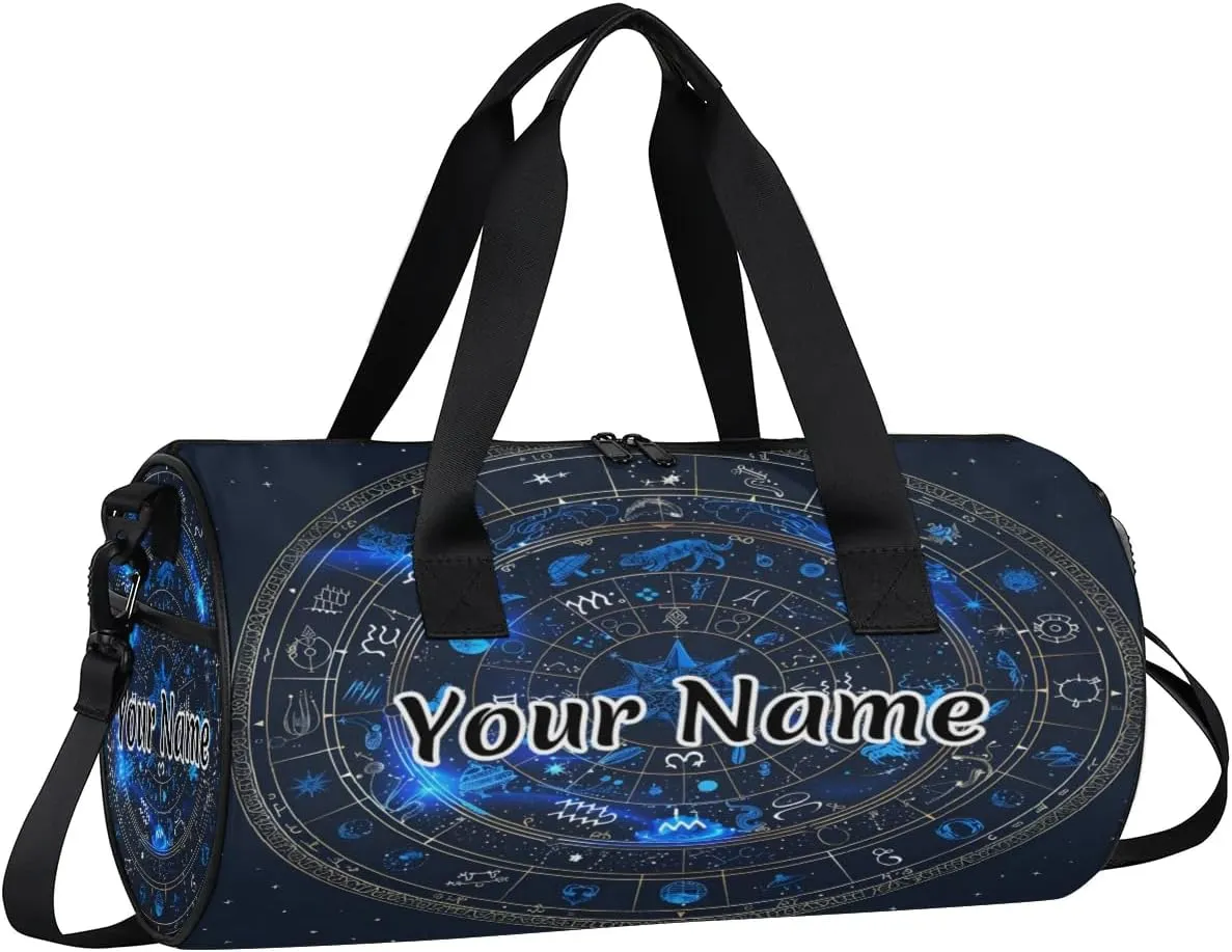 Personalized Duffel Bag for Women, Custom Astrology Gym Bag for Sports, Waterproof Dance Bag with Name, Lightweight Carryon Gym Bag, Horoscope Circle Around Sun