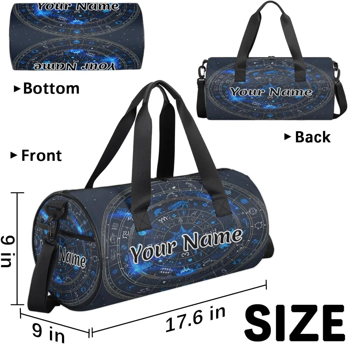 Personalized Duffel Bag for Women, Custom Astrology Gym Bag for Sports, Waterproof Dance Bag with Name, Lightweight Carryon Gym Bag, Horoscope Circle Around Sun