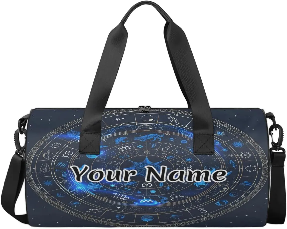 Personalized Duffel Bag for Women, Custom Astrology Gym Bag for Sports, Waterproof Dance Bag with Name, Lightweight Carryon Gym Bag, Horoscope Circle Around Sun