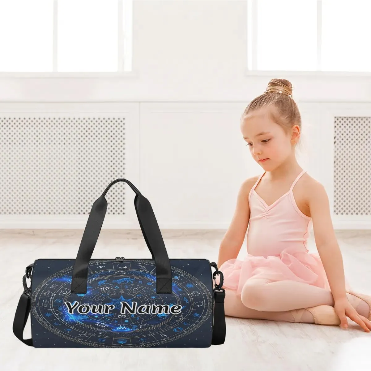 Personalized Duffel Bag for Women, Custom Astrology Gym Bag for Sports, Waterproof Dance Bag with Name, Lightweight Carryon Gym Bag, Horoscope Circle Around Sun