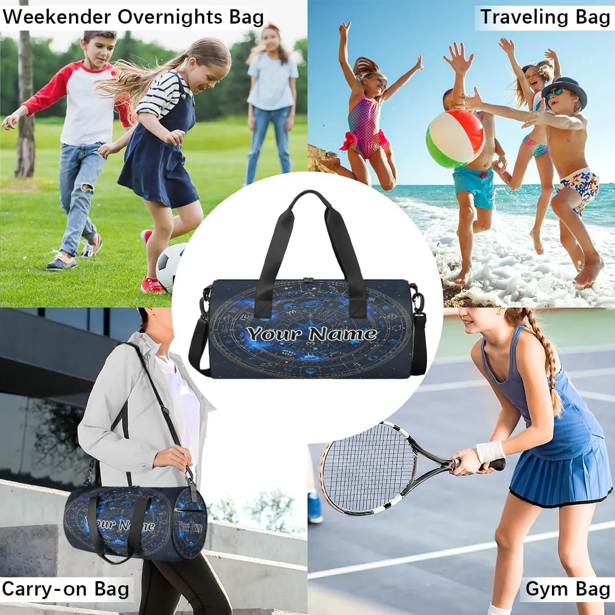 Personalized Duffel Bag for Women, Custom Astrology Gym Bag for Sports, Waterproof Dance Bag with Name, Lightweight Carryon Gym Bag, Horoscope Circle Around Sun