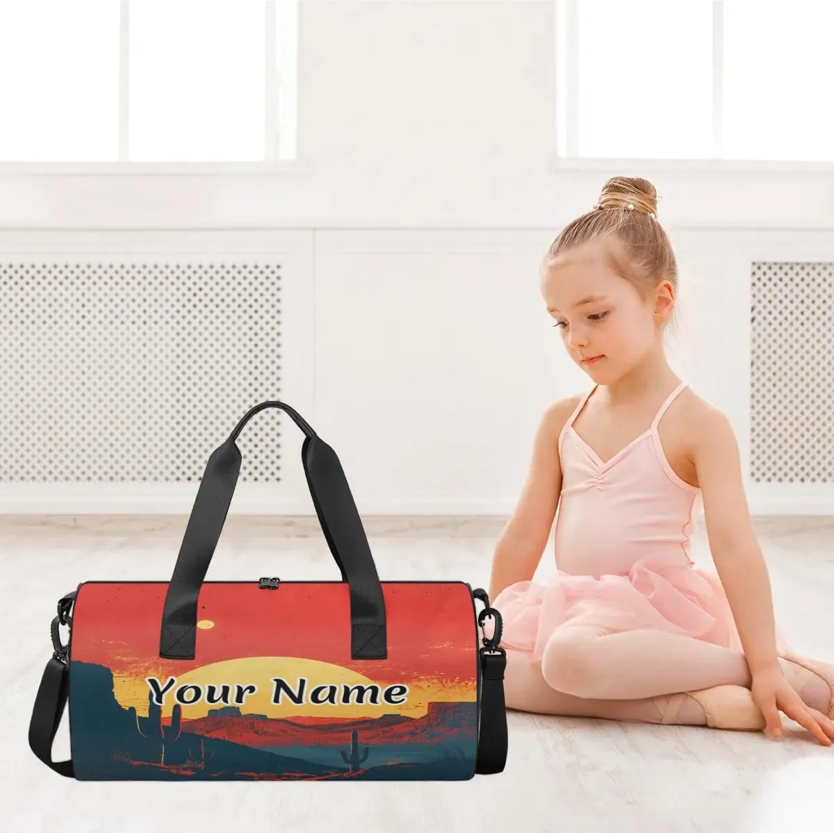 Personalized Duffel Bag for Women, Custom Mountain Cactus Abstract Gym Bag for Sports, Waterproof Dance Bag with Name, Lightweight Carryon Gym Bag, Sunset