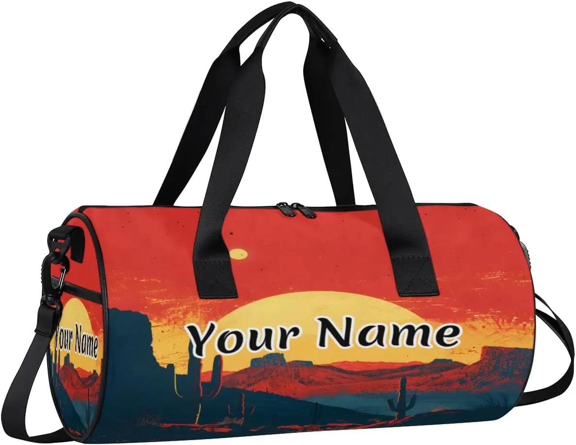 Personalized Duffel Bag for Women, Custom Mountain Cactus Abstract Gym Bag for Sports, Waterproof Dance Bag with Name, Lightweight Carryon Gym Bag, Sunset