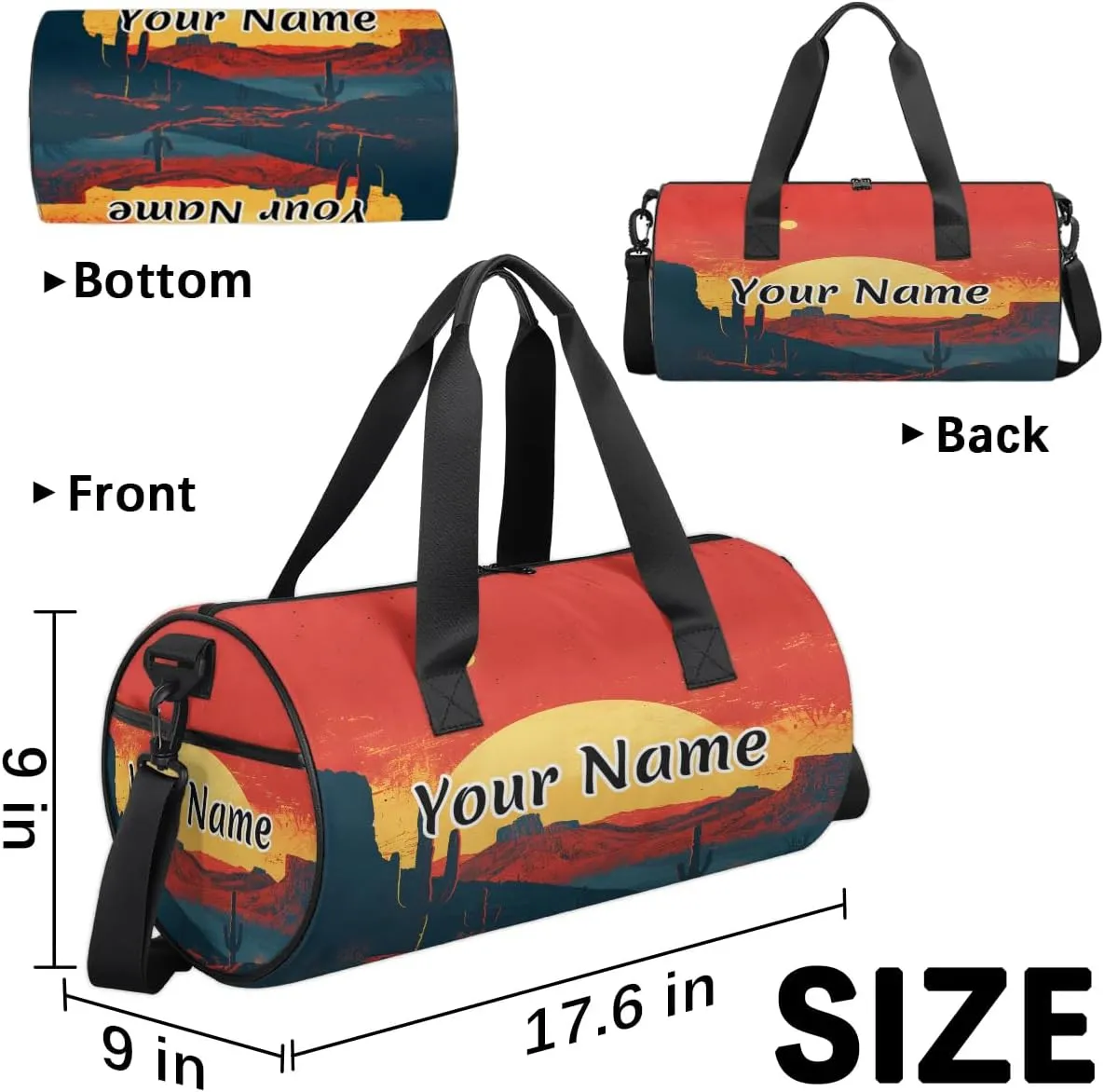 Personalized Duffel Bag for Women, Custom Mountain Cactus Abstract Gym Bag for Sports, Waterproof Dance Bag with Name, Lightweight Carryon Gym Bag, Sunset