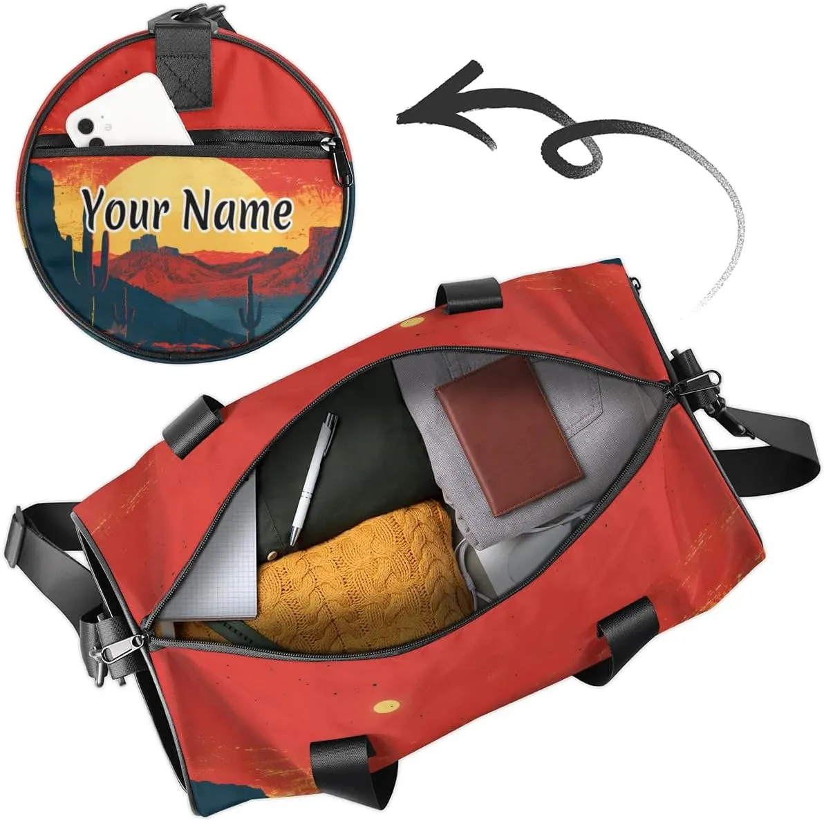 Personalized Duffel Bag for Women, Custom Mountain Cactus Abstract Gym Bag for Sports, Waterproof Dance Bag with Name, Lightweight Carryon Gym Bag, Sunset