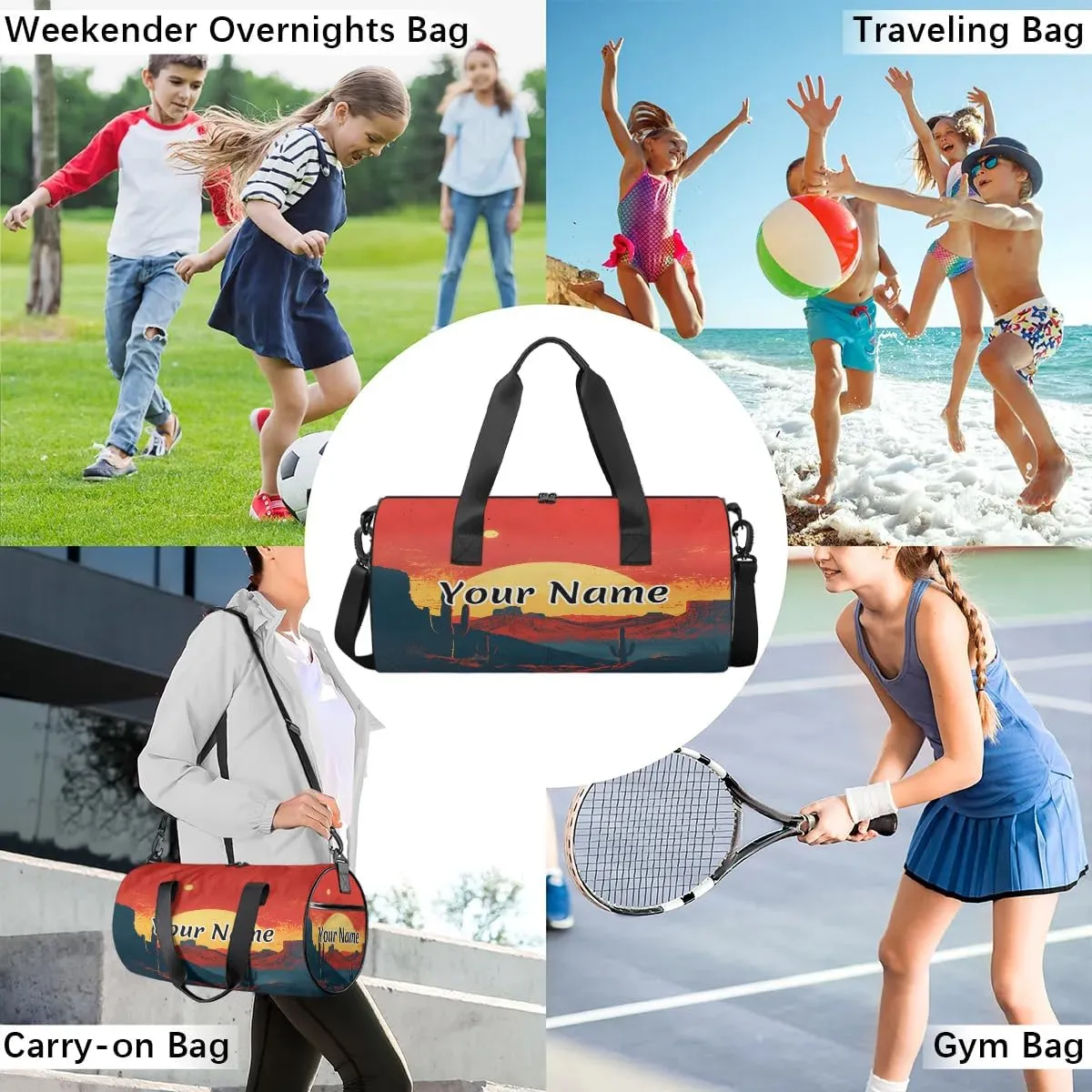 Personalized Duffel Bag for Women, Custom Mountain Cactus Abstract Gym Bag for Sports, Waterproof Dance Bag with Name, Lightweight Carryon Gym Bag, Sunset