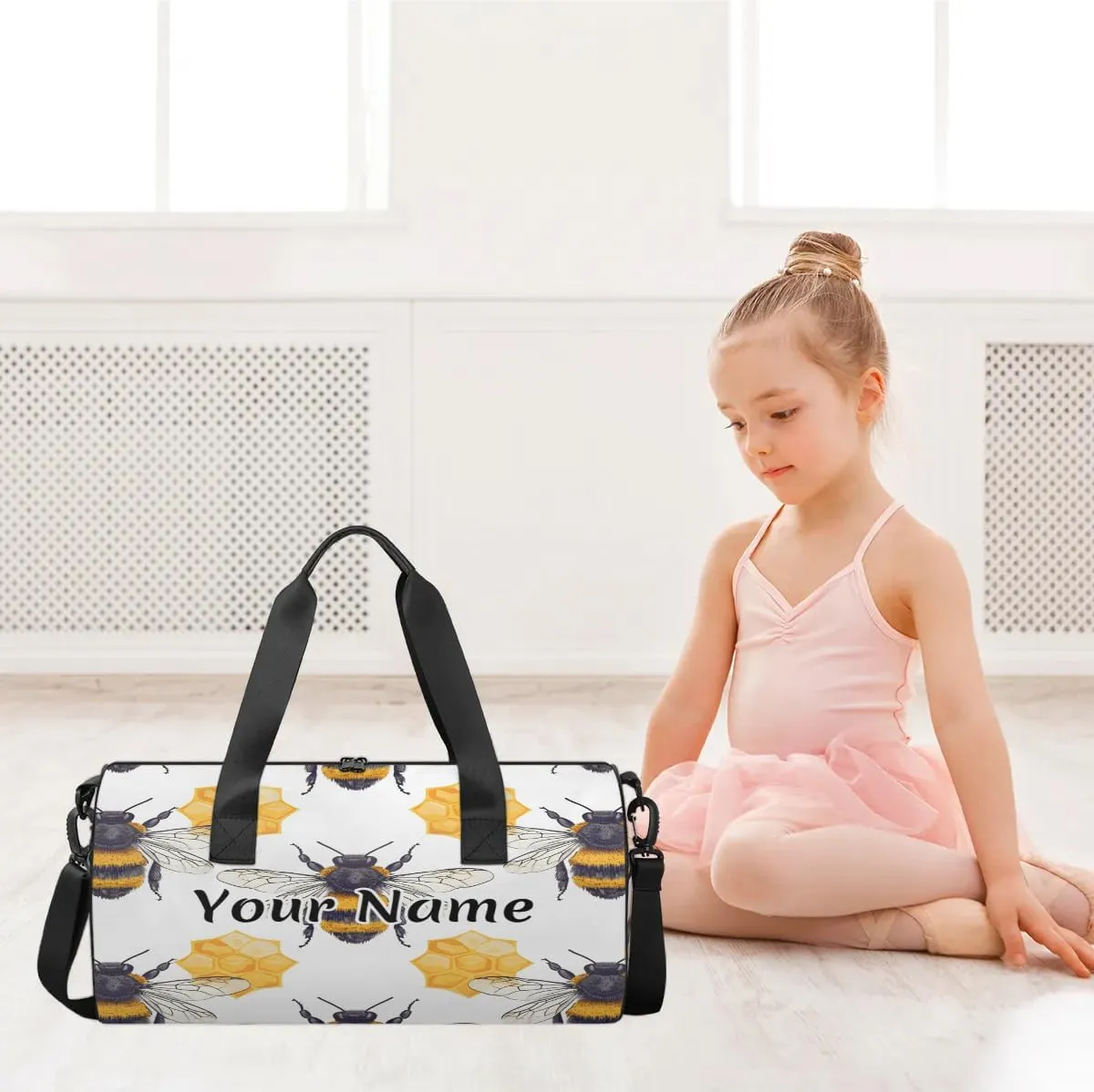 Personalized Duffel Bag for Women, Custom Wild Animals Bee Gym Bag for Sports, Waterproof Dance Bag with Name, Lightweight Carryon Gym Bag, Honeycomb