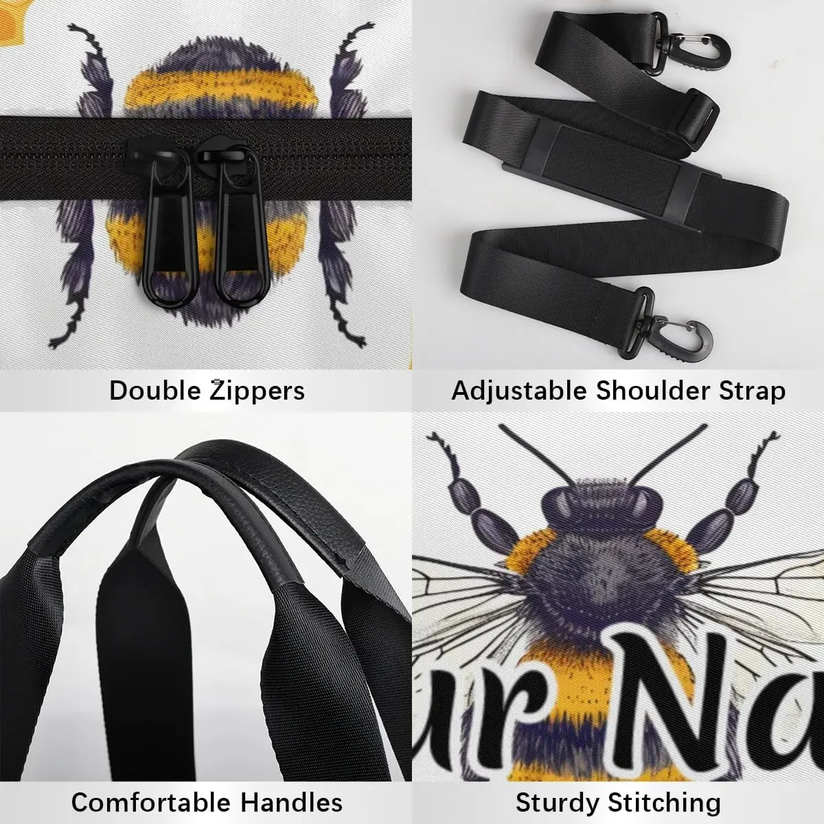 Personalized Duffel Bag for Women, Custom Wild Animals Bee Gym Bag for Sports, Waterproof Dance Bag with Name, Lightweight Carryon Gym Bag, Honeycomb