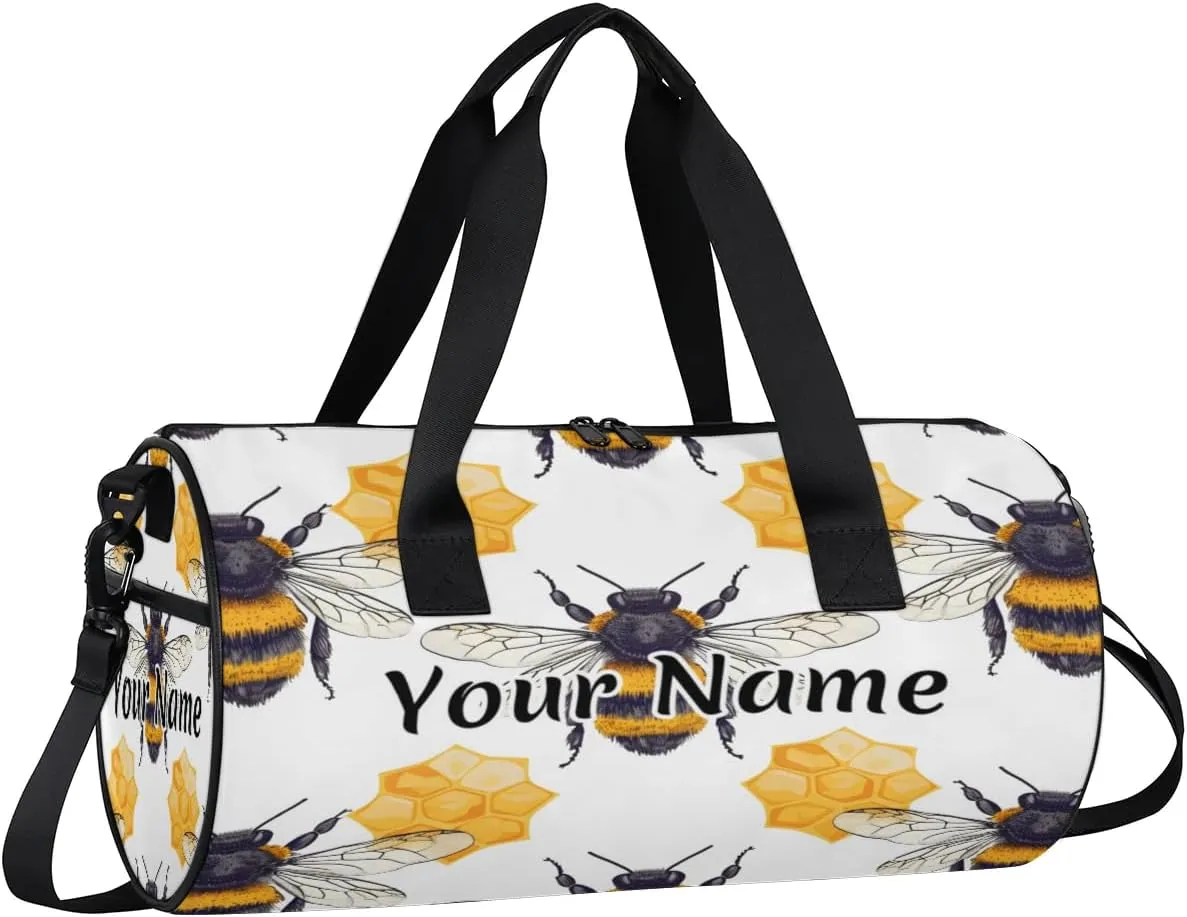 Personalized Duffel Bag for Women, Custom Wild Animals Bee Gym Bag for Sports, Waterproof Dance Bag with Name, Lightweight Carryon Gym Bag, Honeycomb