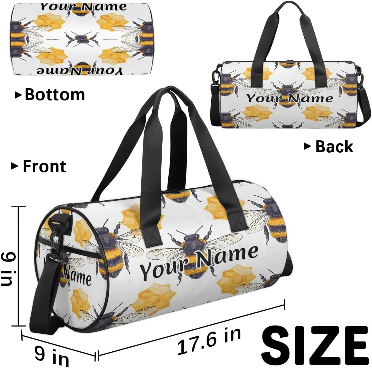Personalized Duffel Bag for Women, Custom Wild Animals Bee Gym Bag for Sports, Waterproof Dance Bag with Name, Lightweight Carryon Gym Bag, Honeycomb