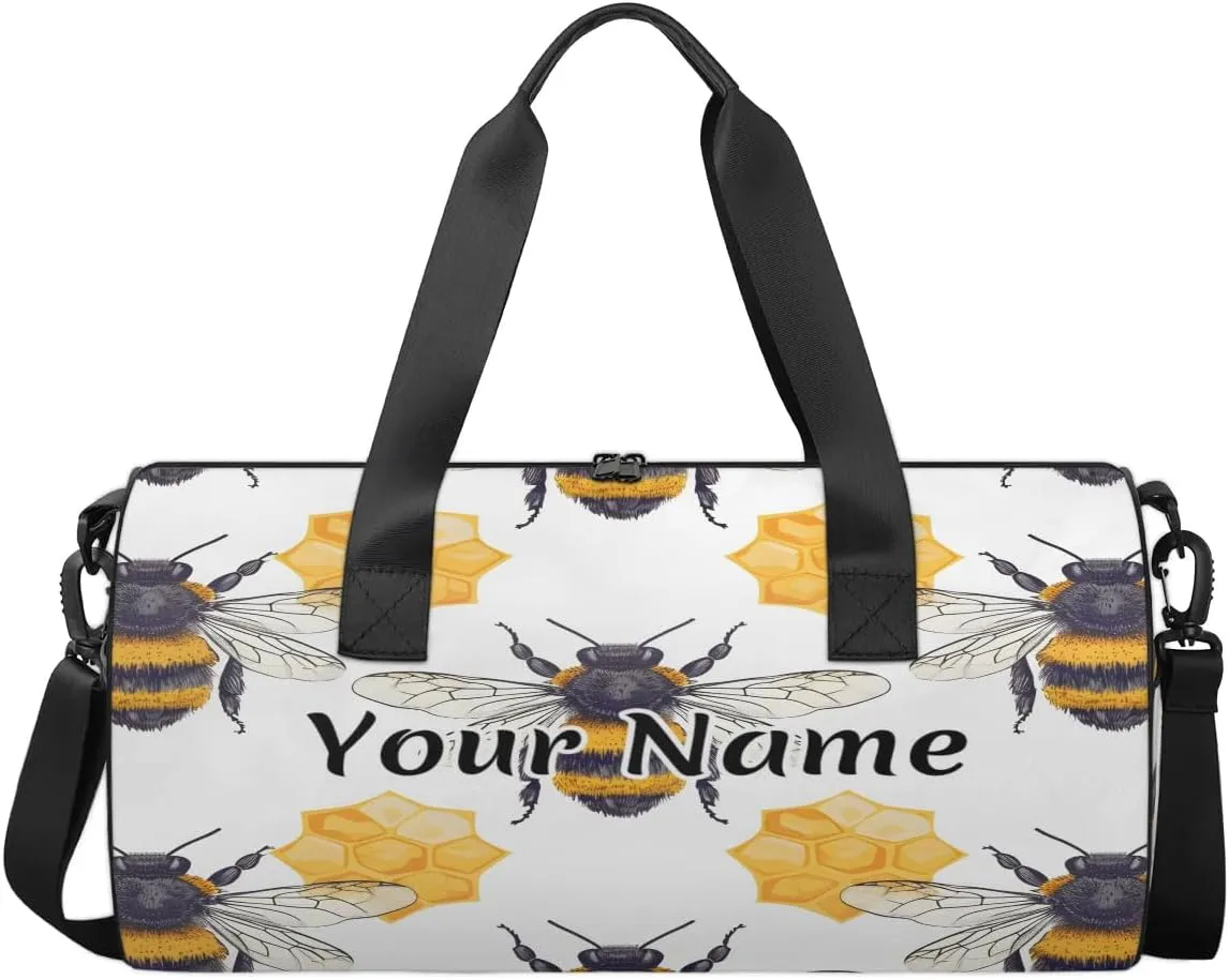 Personalized Duffel Bag for Women, Custom Wild Animals Bee Gym Bag for Sports, Waterproof Dance Bag with Name, Lightweight Carryon Gym Bag, Honeycomb