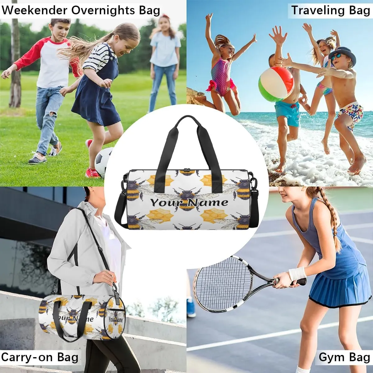 Personalized Duffel Bag for Women, Custom Wild Animals Bee Gym Bag for Sports, Waterproof Dance Bag with Name, Lightweight Carryon Gym Bag, Honeycomb
