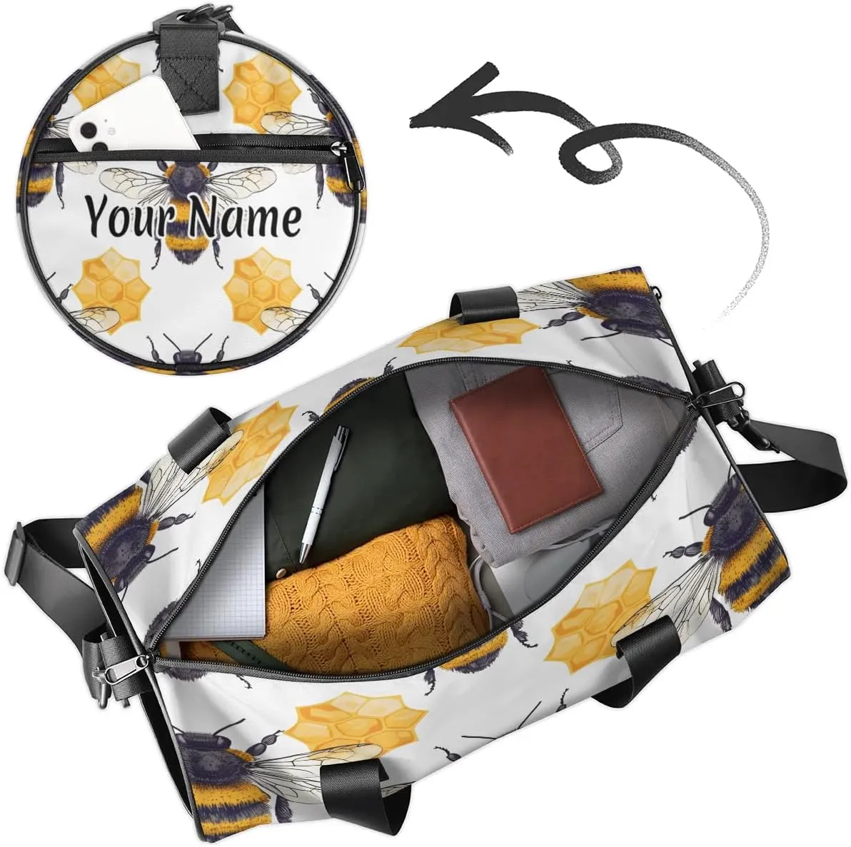 Personalized Duffel Bag for Women, Custom Wild Animals Bee Gym Bag for Sports, Waterproof Dance Bag with Name, Lightweight Carryon Gym Bag, Honeycomb