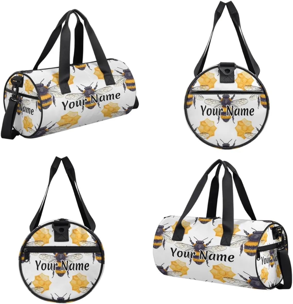 Personalized Duffel Bag for Women, Custom Wild Animals Bee Gym Bag for Sports, Waterproof Dance Bag with Name, Lightweight Carryon Gym Bag, Honeycomb