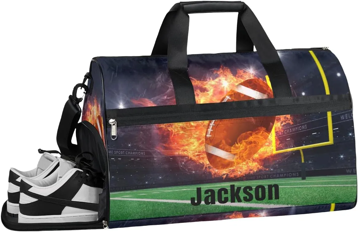 Personalized Fire American Football Sport Duffel Bag with Shoes Compartment, Custom Name Sport Ball Field Gym Duffle Bag for Boys Men Travel Bag Overnight Weekender Bag