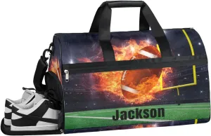 Personalized Fire American Football Sport Duffel Bag with Shoes Compartment, Custom Name Sport Ball Field Gym Duffle Bag for Boys Men Travel Bag Overnight Weekender Bag