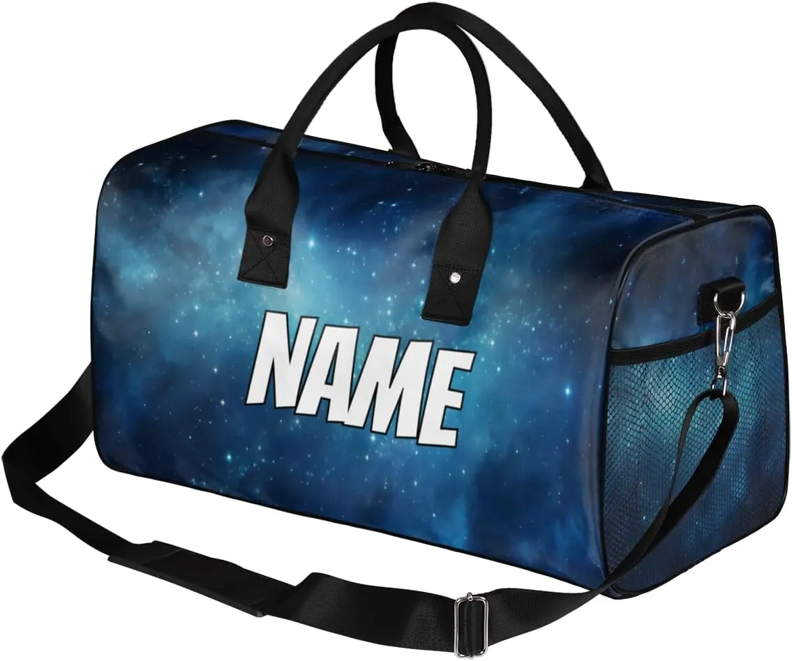 Personalized Galaxy Star Travel Duffel Bag with Name, Custom Gym Sport Bag Universe Carry On Weekend Overnight Duffel Bag for Men Women