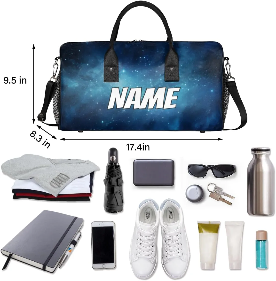Personalized Galaxy Star Travel Duffel Bag with Name, Custom Gym Sport Bag Universe Carry On Weekend Overnight Duffel Bag for Men Women