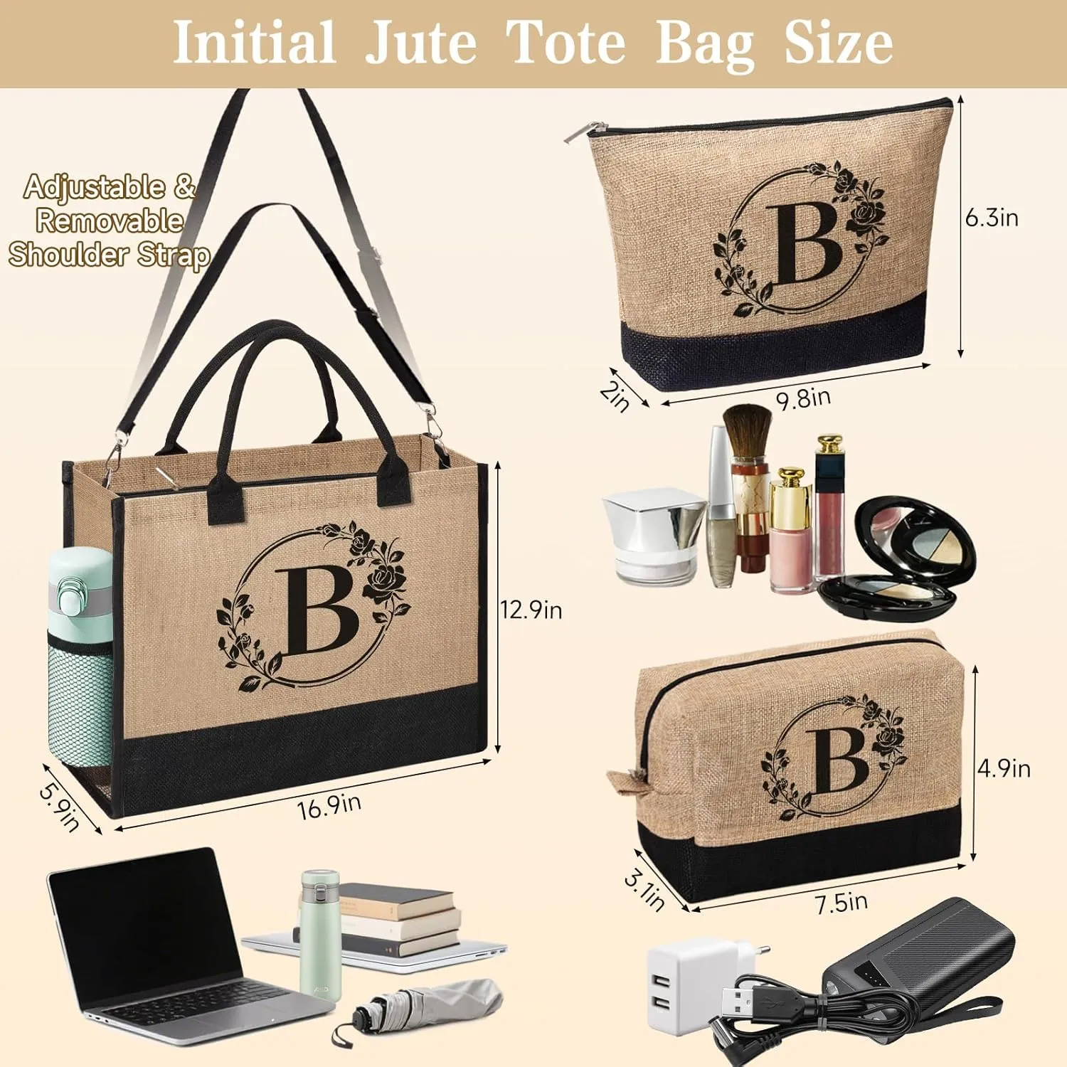 Personalized Gifts for Women, Initial Jute Tote Bag Monogrammed Beach Bag, Mothers Day & Birthday Gifts for Mom Women Friend