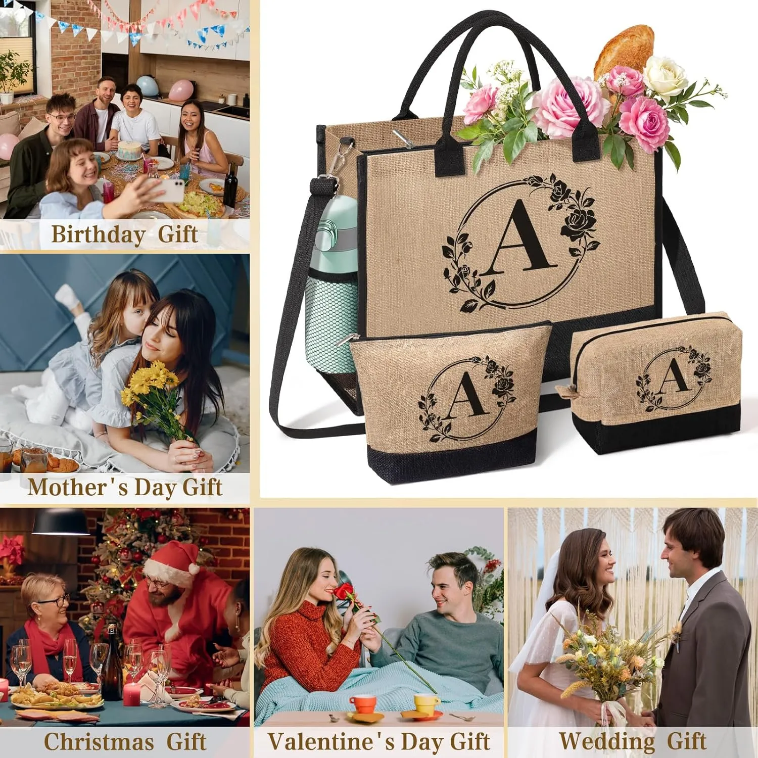 Personalized Gifts for Women, Initial Jute Tote Bag Monogrammed Beach Bag, Mothers Day & Birthday Gifts for Mom Women Friend