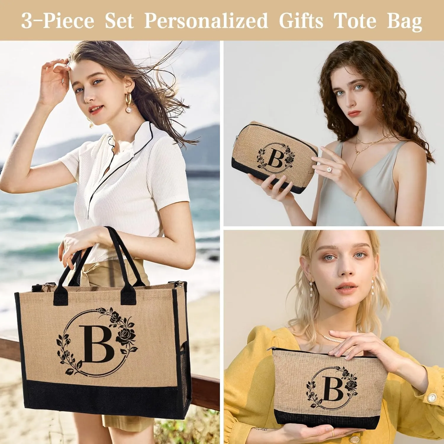 Personalized Gifts for Women, Initial Jute Tote Bag Monogrammed Beach Bag, Mothers Day & Birthday Gifts for Mom Women Friend