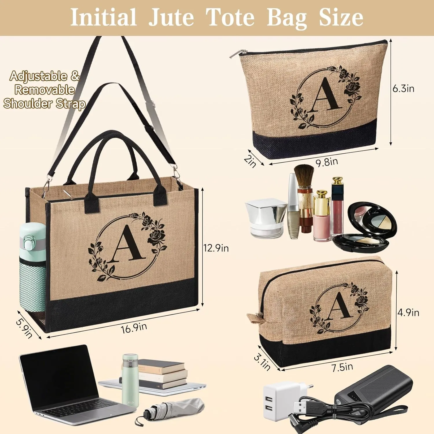 Personalized Gifts for Women, Initial Jute Tote Bag Monogrammed Beach Bag, Mothers Day & Birthday Gifts for Mom Women Friend