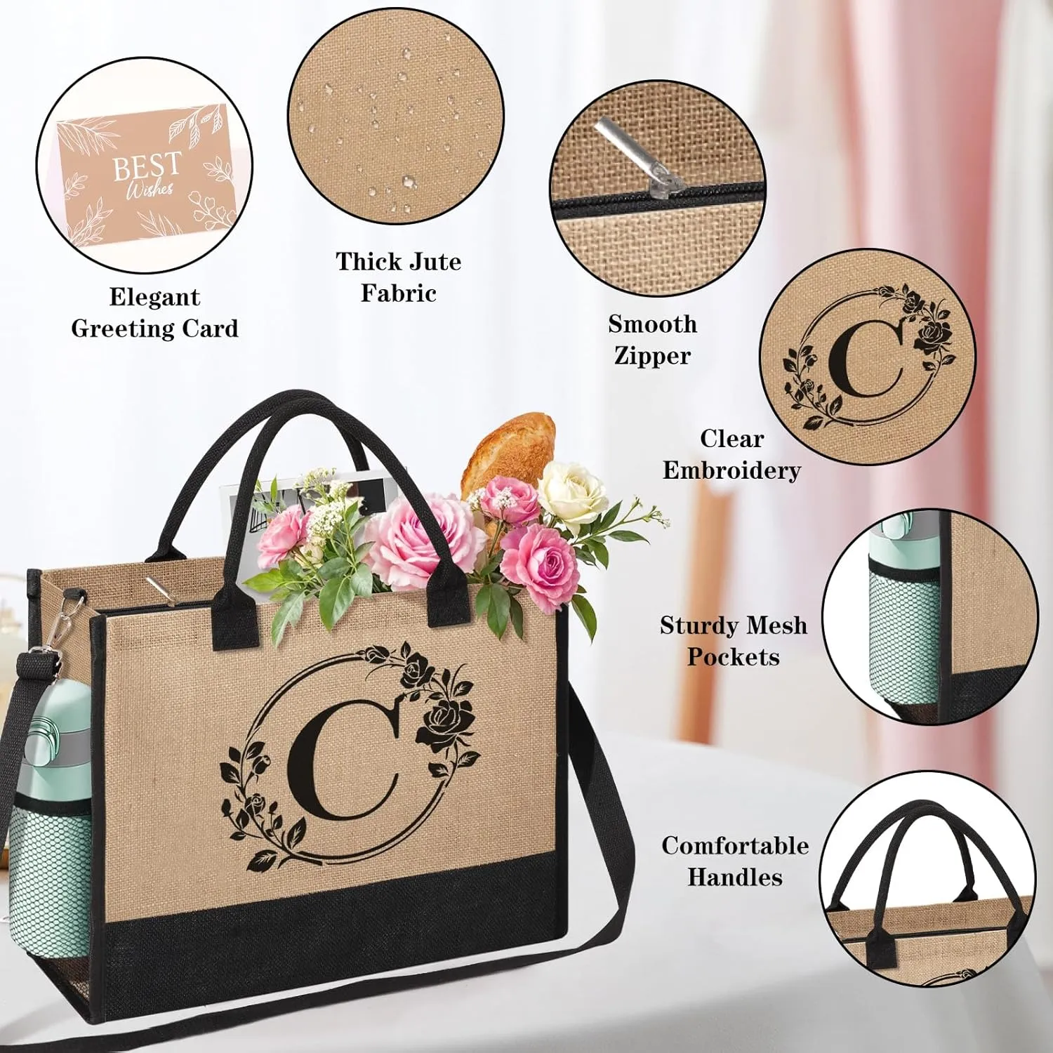 Personalized Gifts for Women, Initial Jute Tote Bag Monogrammed Beach Bag, Mothers Day & Birthday Gifts for Mom Women Friend