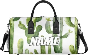 Personalized Green Cactus Travel Duffel Bag with Name, Custom Gym Sport Bag Tropical Green Plant Carry On Weekend Overnight Duffel Bag for Men Women
