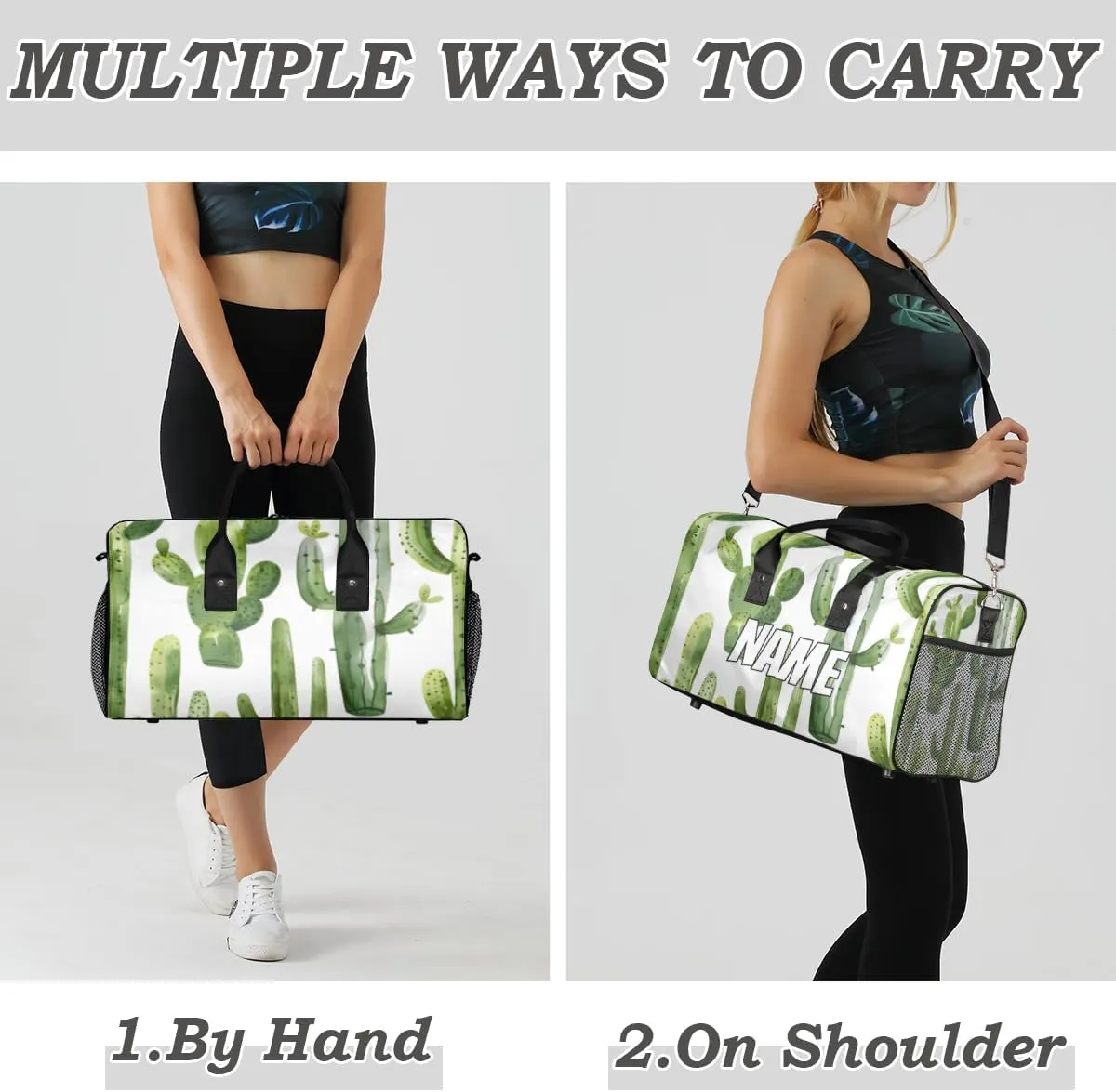 Personalized Green Cactus Travel Duffel Bag with Name, Custom Gym Sport Bag Tropical Green Plant Carry On Weekend Overnight Duffel Bag for Men Women