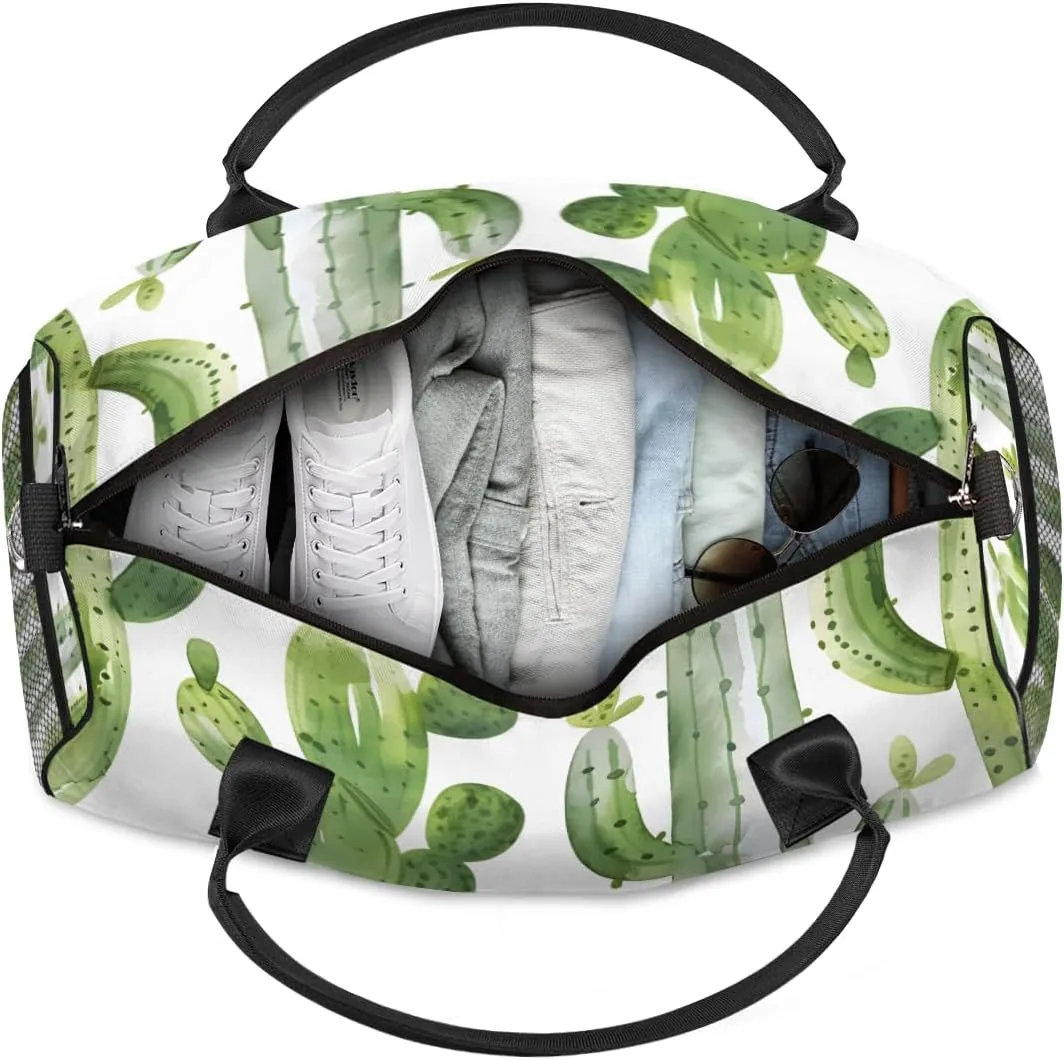 Personalized Green Cactus Travel Duffel Bag with Name, Custom Gym Sport Bag Tropical Green Plant Carry On Weekend Overnight Duffel Bag for Men Women