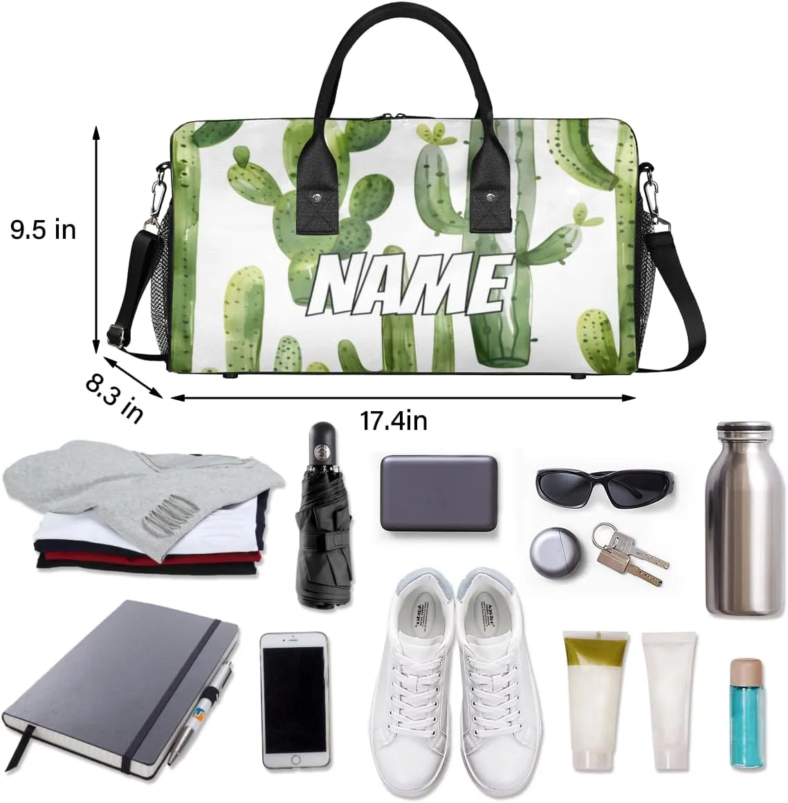 Personalized Green Cactus Travel Duffel Bag with Name, Custom Gym Sport Bag Tropical Green Plant Carry On Weekend Overnight Duffel Bag for Men Women