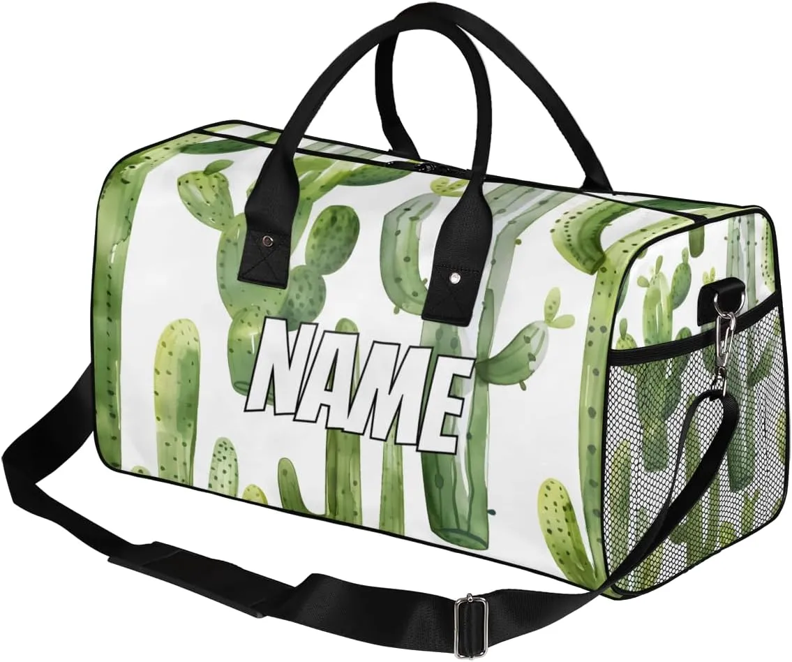 Personalized Green Cactus Travel Duffel Bag with Name, Custom Gym Sport Bag Tropical Green Plant Carry On Weekend Overnight Duffel Bag for Men Women