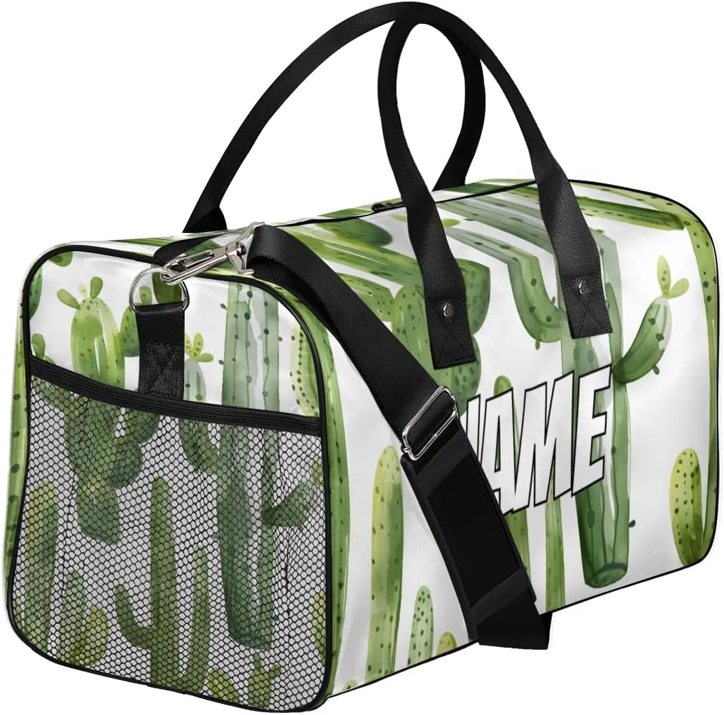 Personalized Green Cactus Travel Duffel Bag with Name, Custom Gym Sport Bag Tropical Green Plant Carry On Weekend Overnight Duffel Bag for Men Women