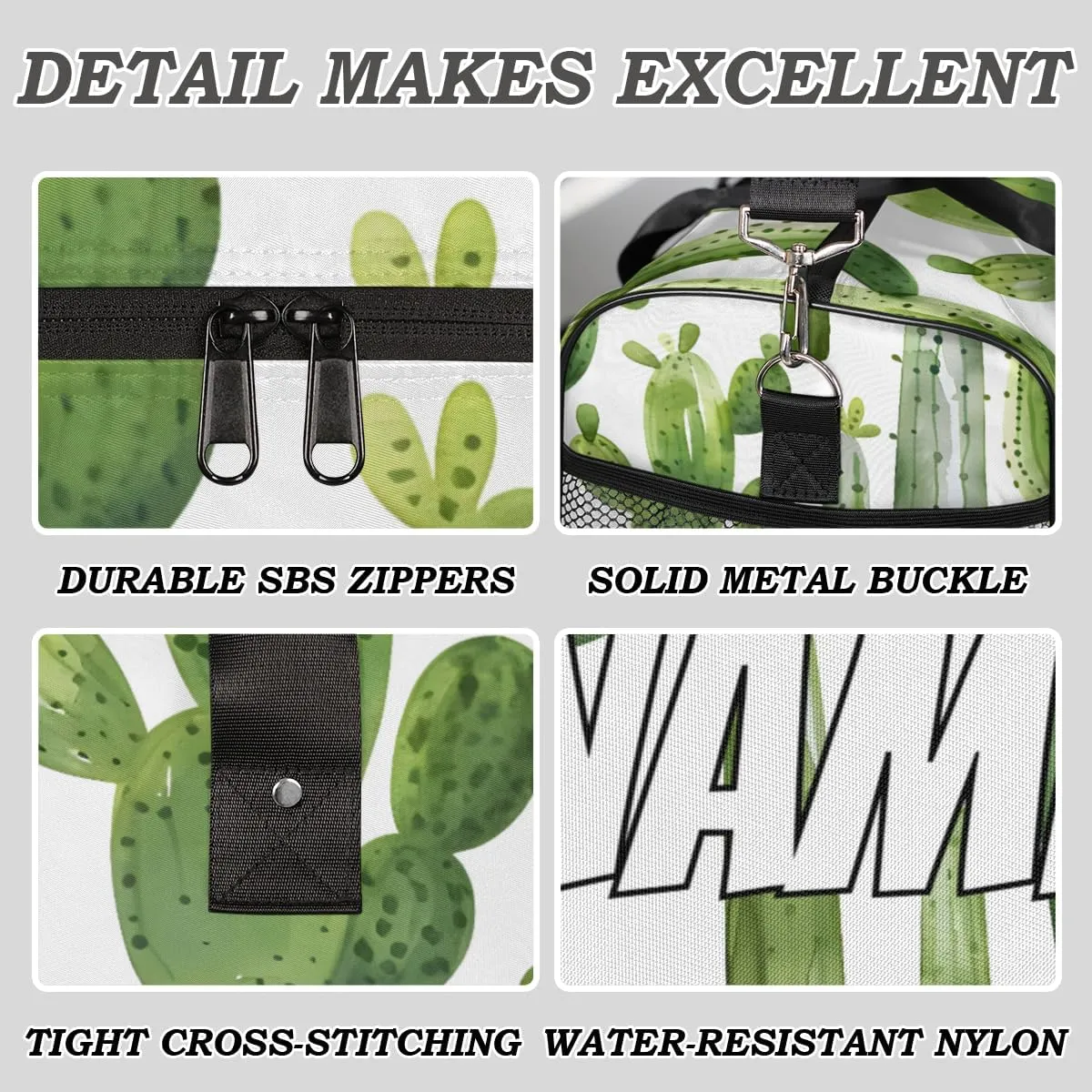Personalized Green Cactus Travel Duffel Bag with Name, Custom Gym Sport Bag Tropical Green Plant Carry On Weekend Overnight Duffel Bag for Men Women