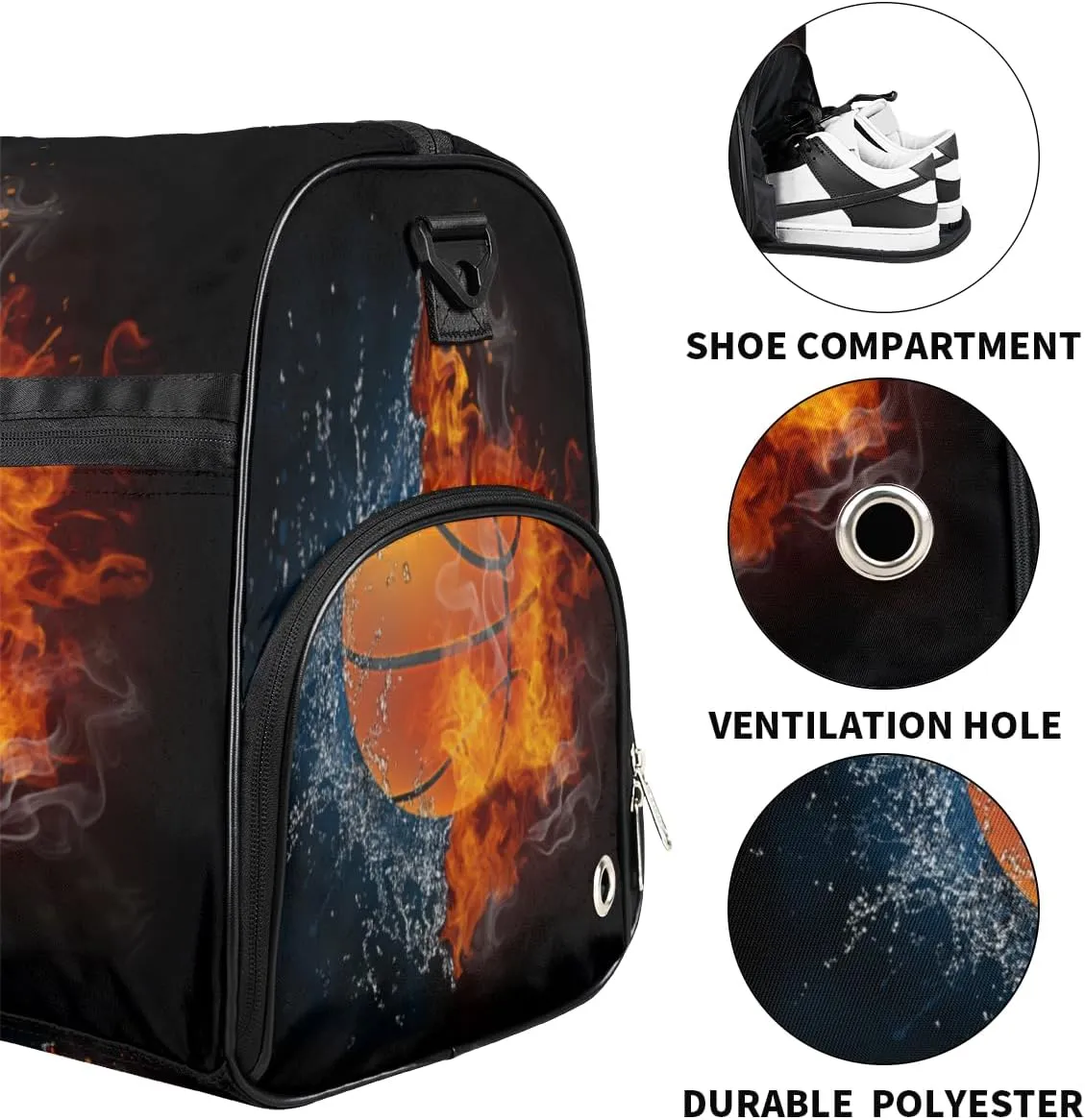 Personalized Gym Bag for Boys Men, Custom Sports Travel Duffle Bag with Shoes Compartment, Customized Girls Dance Bag Weekender Overnight Bag for Women Kids, Basketball Ball In Fire And Water