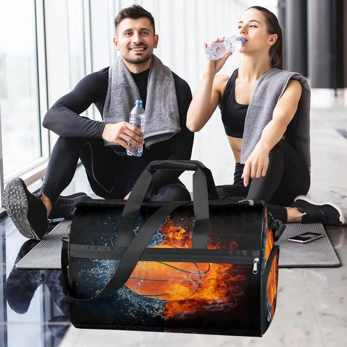 Personalized Gym Bag for Boys Men, Custom Sports Travel Duffle Bag with Shoes Compartment, Customized Girls Dance Bag Weekender Overnight Bag for Women Kids, Basketball Ball In Fire And Water
