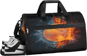 Personalized Gym Bag for Boys Men, Custom Sports Travel Duffle Bag with Shoes Compartment, Customized Girls Dance Bag Weekender Overnight Bag for Women Kids, Basketball Ball In Fire And Water