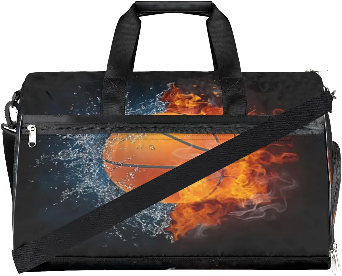 Personalized Gym Bag for Boys Men, Custom Sports Travel Duffle Bag with Shoes Compartment, Customized Girls Dance Bag Weekender Overnight Bag for Women Kids, Basketball Ball In Fire And Water