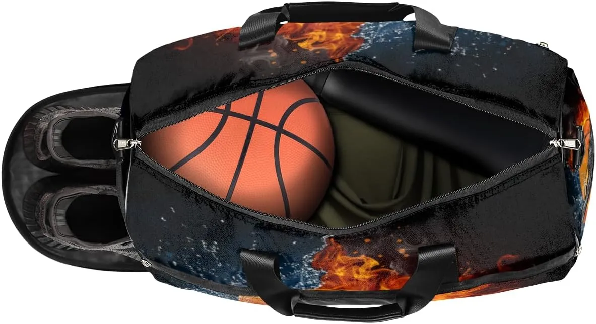 Personalized Gym Bag for Boys Men, Custom Sports Travel Duffle Bag with Shoes Compartment, Customized Girls Dance Bag Weekender Overnight Bag for Women Kids, Basketball Ball In Fire And Water