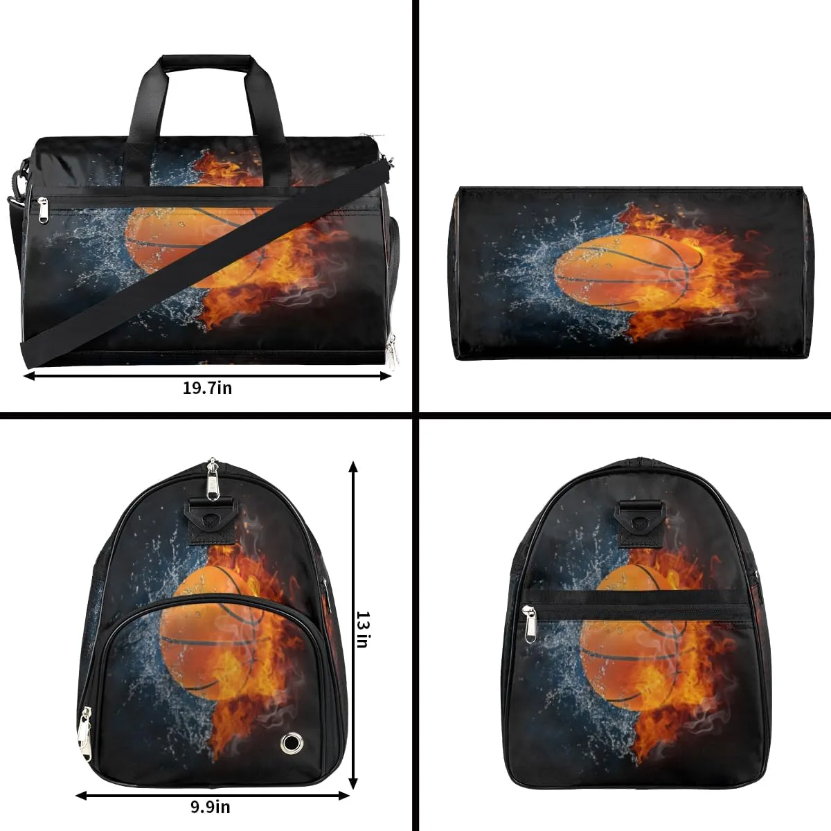 Personalized Gym Bag for Boys Men, Custom Sports Travel Duffle Bag with Shoes Compartment, Customized Girls Dance Bag Weekender Overnight Bag for Women Kids, Basketball Ball In Fire And Water
