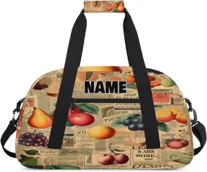 Personalized Gym Dance Bag with Name, Fruit Pear Orange Grape Retro Newspaper Custom Cheerleading Duffel Bag Travel Weekender Overnight Carry On Sleepover Bag
