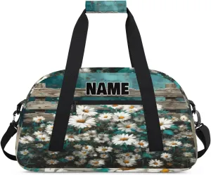 Personalized Gym Dance Bag with Name, Wild Little Daisy Floral Rustic Wood Blue Custom Cheerleading Duffel Bag Travel Weekender Overnight Carry On Sleepover Bag