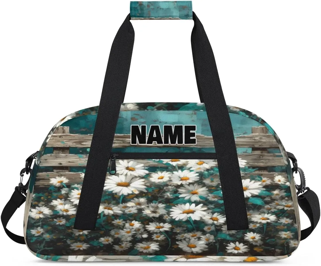 Personalized Gym Dance Bag with Name, Wild Little Daisy Floral Rustic Wood Blue Custom Cheerleading Duffel Bag Travel Weekender Overnight Carry On Sleepover Bag