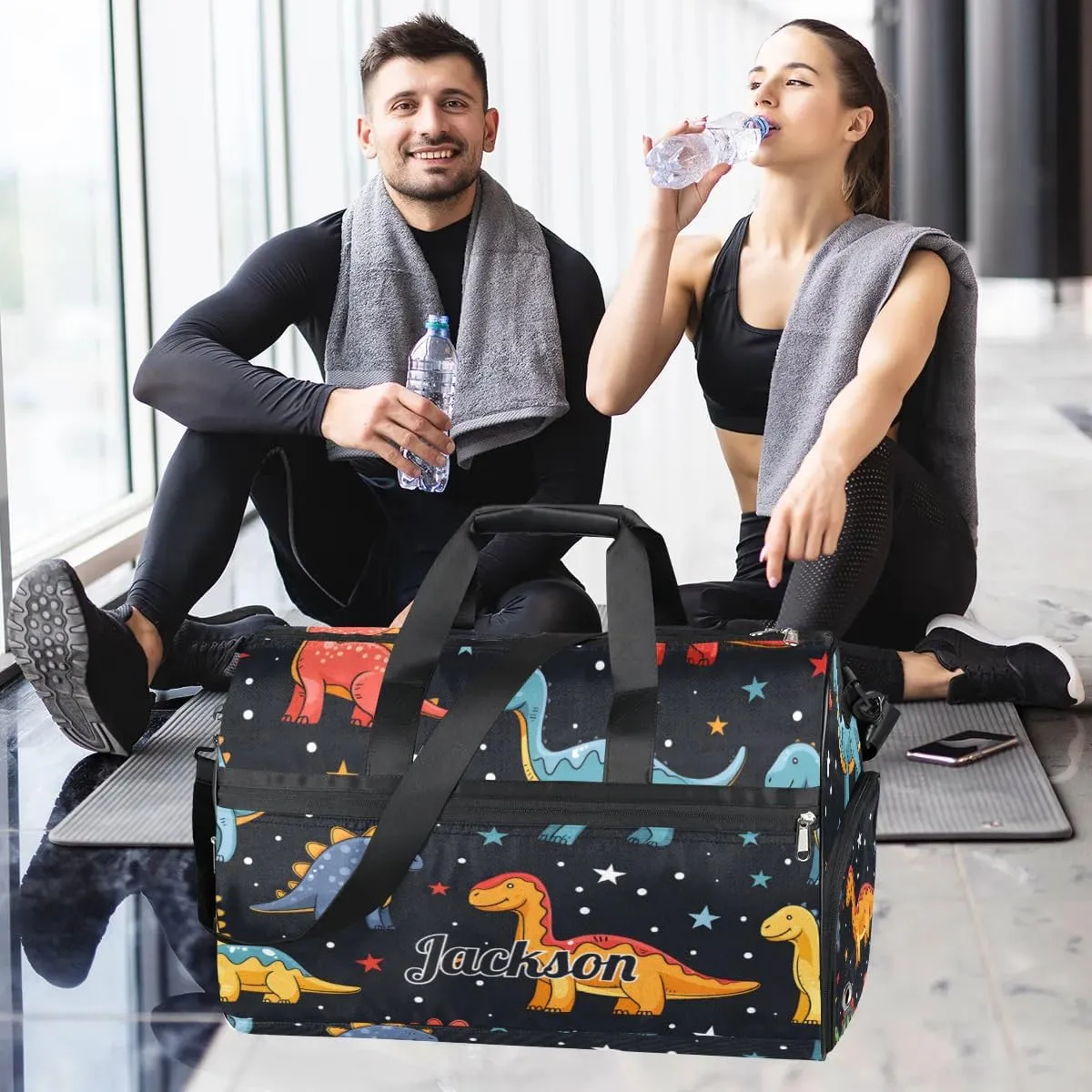 Personalized Gym Duffel Bag for Mens Large Duffel Bags Men Women Travel Duffel Bags Gym Accessories for Men Women Dinosaur Black