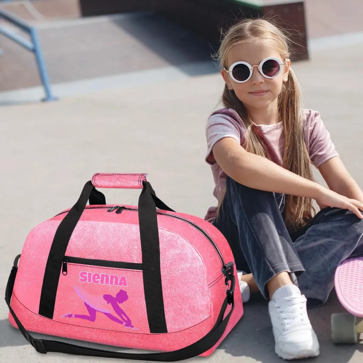 Personalized Gymnastics Dance Ballet Pink Bag for Girls with Name, Custom PU Leather Carry On Weekender Gymnastics Dance Bag for Women Travel Business Trip, Ballerina Silhouette