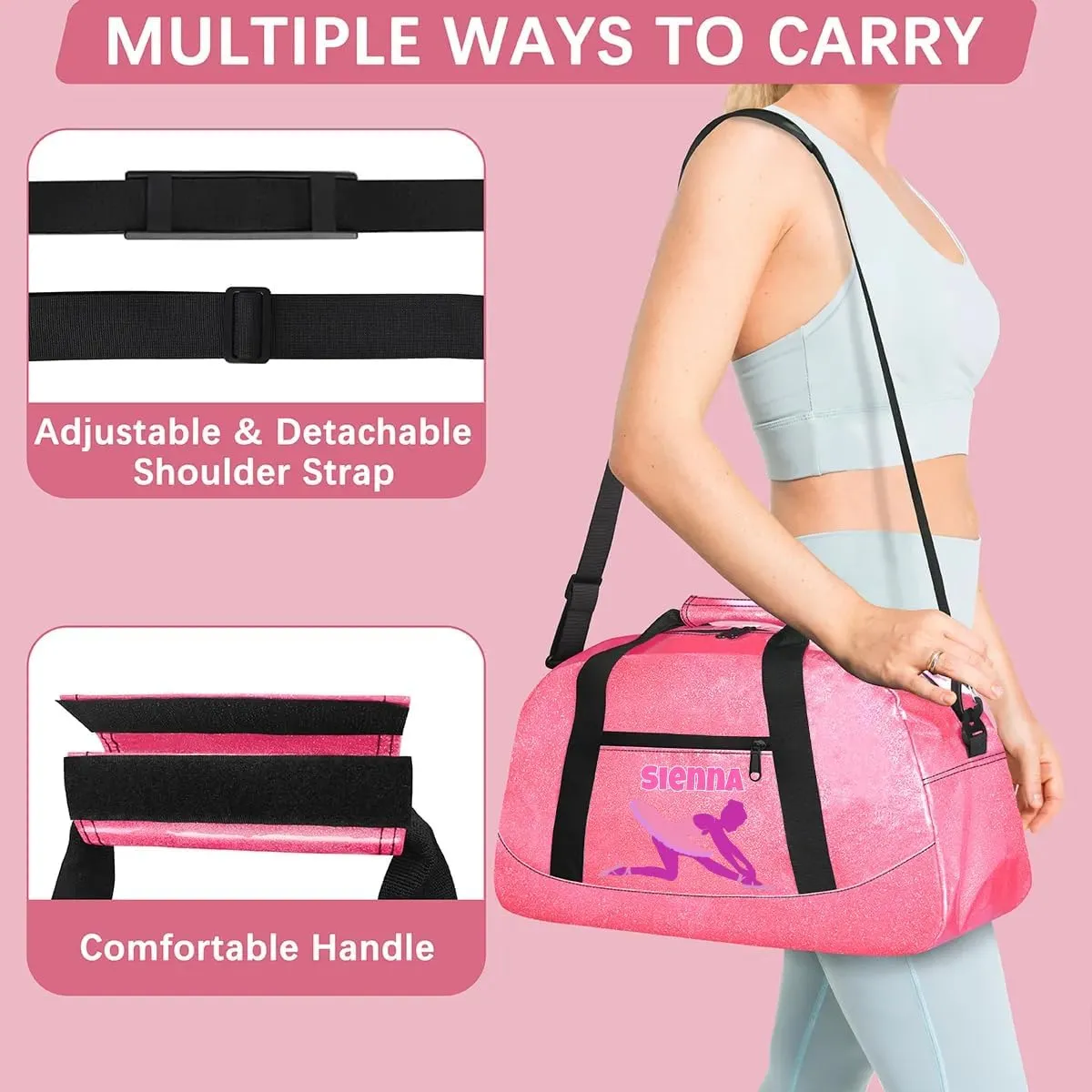 Personalized Gymnastics Dance Ballet Pink Bag for Girls with Name, Custom PU Leather Carry On Weekender Gymnastics Dance Bag for Women Travel Business Trip, Ballerina Silhouette