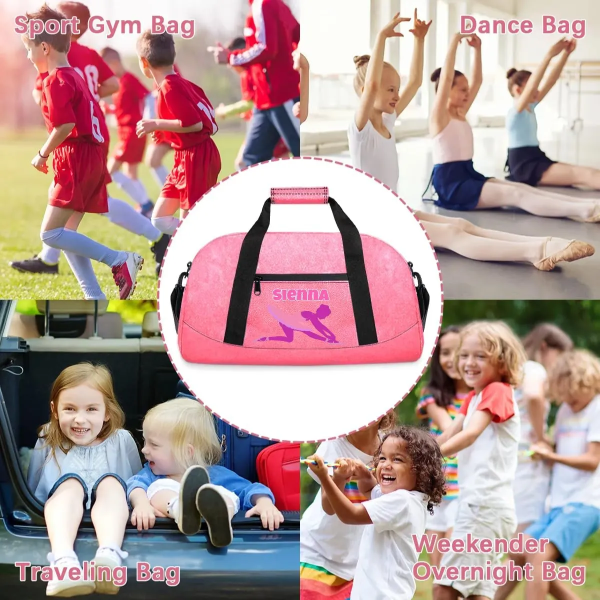 Personalized Gymnastics Dance Ballet Pink Bag for Girls with Name, Custom PU Leather Carry On Weekender Gymnastics Dance Bag for Women Travel Business Trip, Ballerina Silhouette