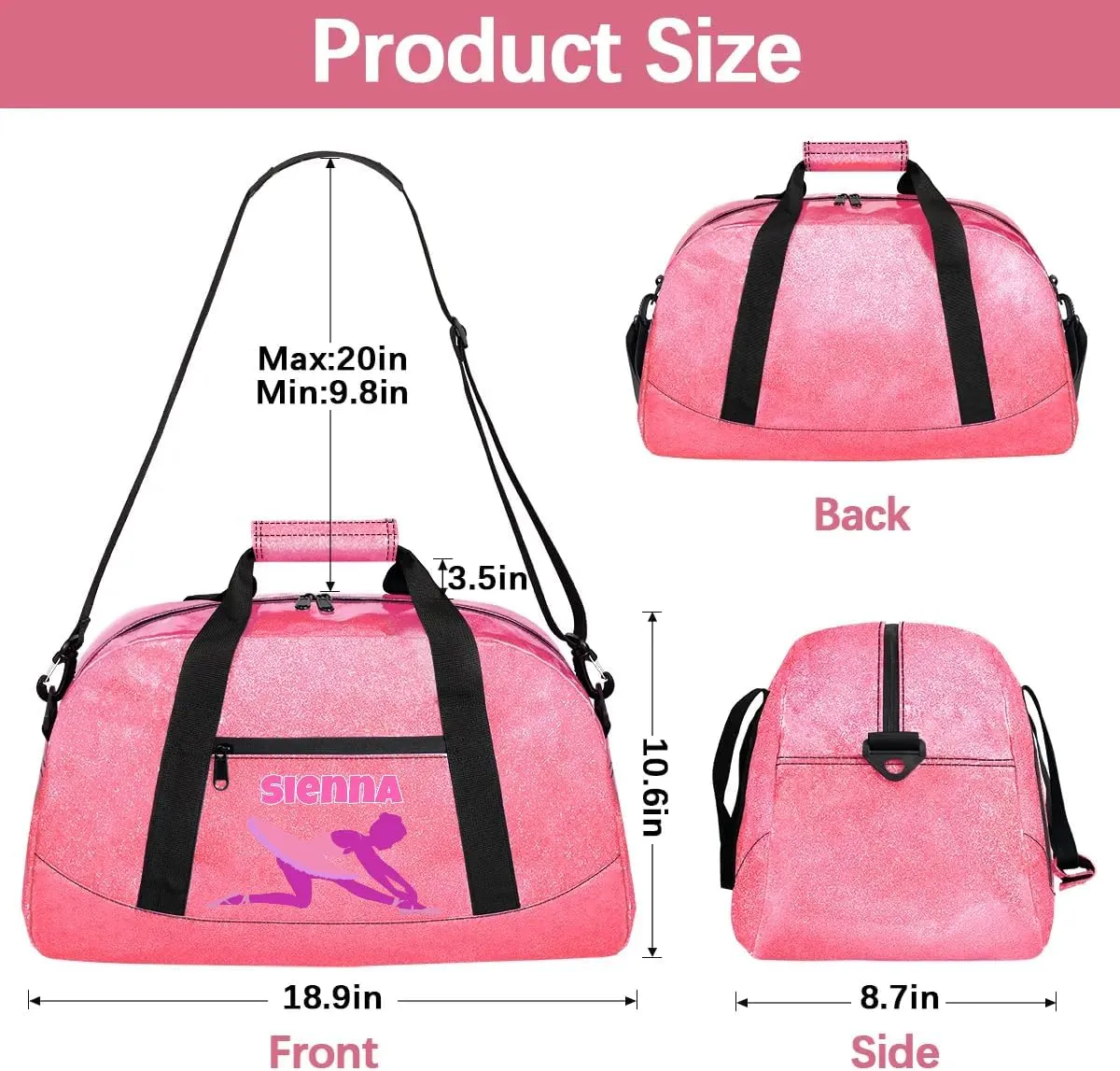 Personalized Gymnastics Dance Ballet Pink Bag for Girls with Name, Custom PU Leather Carry On Weekender Gymnastics Dance Bag for Women Travel Business Trip, Ballerina Silhouette