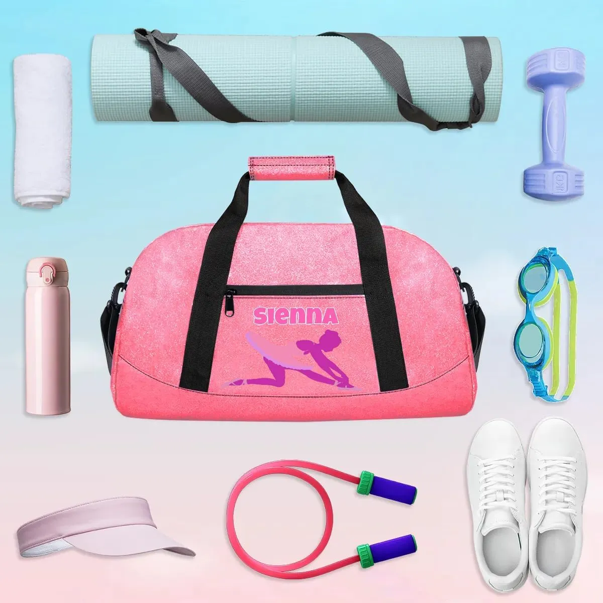Personalized Gymnastics Dance Ballet Pink Bag for Girls with Name, Custom PU Leather Carry On Weekender Gymnastics Dance Bag for Women Travel Business Trip, Ballerina Silhouette